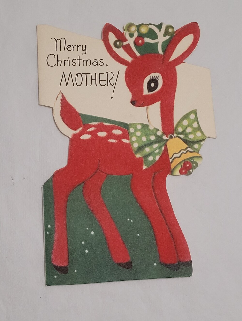 Vintage New 1950s Rust Craft Marjorie Cooper Die-cut Flocked Christmas Card Deer